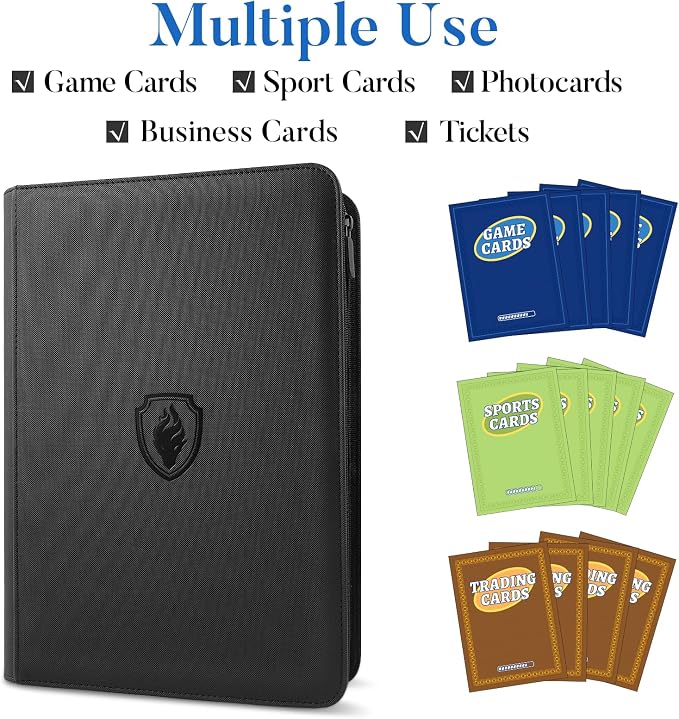Premium Zip Card Binder, Fabmaker 9 Pocket Trading Card Binder, PU Cover Zipper Card Collection Album, Sturdy 360 Side-Loading Card Folder Holder for Game & Sports Cards, Black