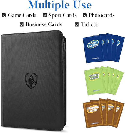 Premium Zip Card Binder, Fabmaker 9 Pocket Trading Card Binder, PU Cover Zipper Card Collection Album, Sturdy 360 Side-Loading Card Folder Holder for Game & Sports Cards, Black