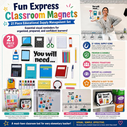 Fun Express Classroom Magnets for Whiteboard - 21 Piece Educational Supply Management Set for Elementary Teachers | Magnetic School Supplies with Visual Icons Student Organization Learning Activities