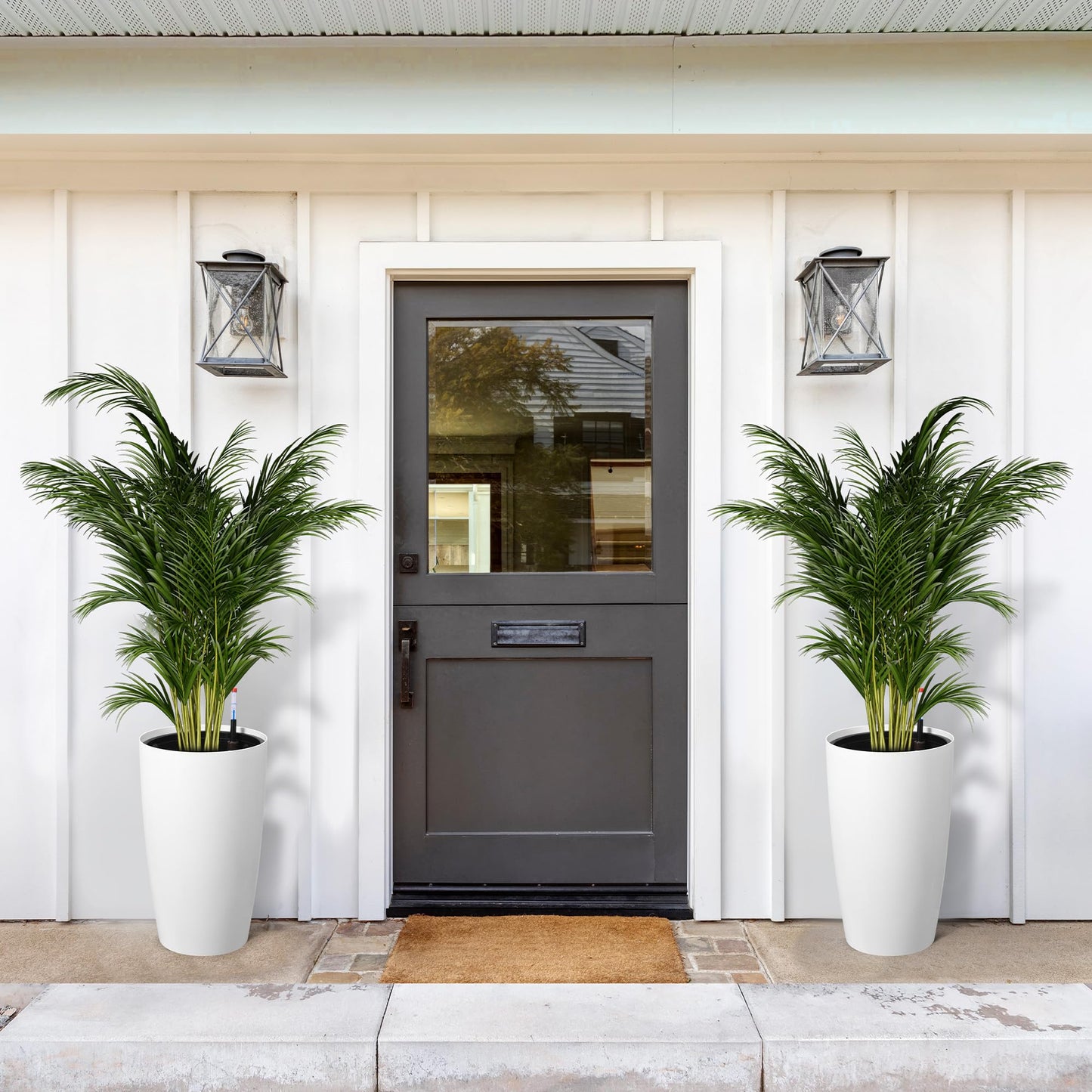 GarveeLife Set of 2 Tall Planters for Outdoor Plants, 22 in Large Planters for Outdoor Indoor Plants with Water Level Monitor ＆ Inner Bucket, Automatic Watering, for Porch, Patio, Backyard, White