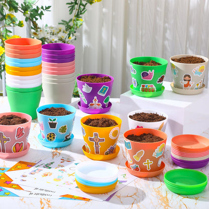 Domensi 30 Set Mothers Day Crafts for Kids Classroom Flower Pot Craft Bulk 4 Inch Spring Garden Plastic DIY Plant Pot with Tray 30 Sheet Christian Sticker 30 Certificates Card for School(Colorful)