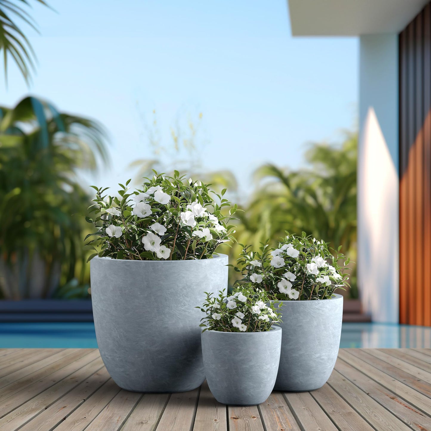 Kante Round Concrete Planter Set of 3, Large Outdoor Indoor Plant Pots with Drainage Hole, 10/14/18-Inch Diameter Flower Pots for Patio, Garden and Home, Slate Gray