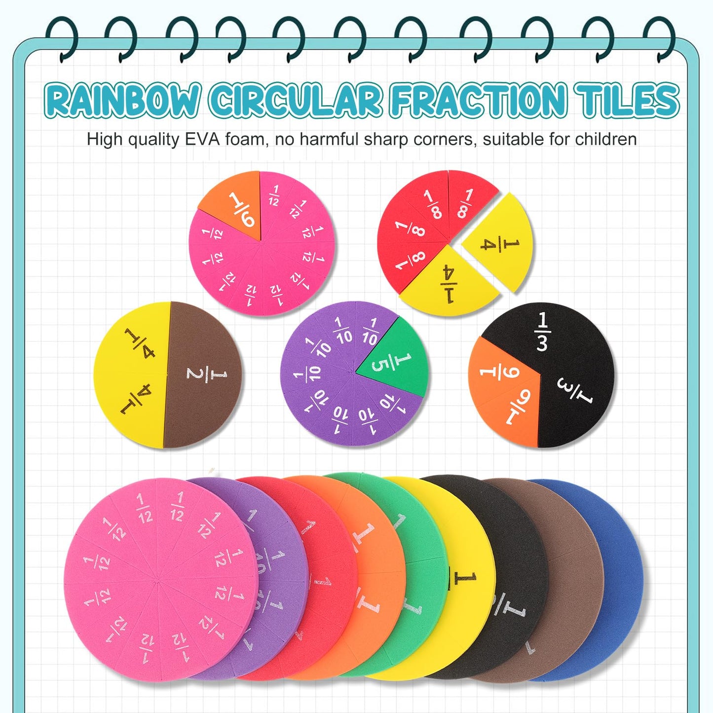 Sayglossy 10 Sets Fraction Set for Math Classroom Fractions Manipulatives Math Manipulatives for Home School Supplies (Circles)