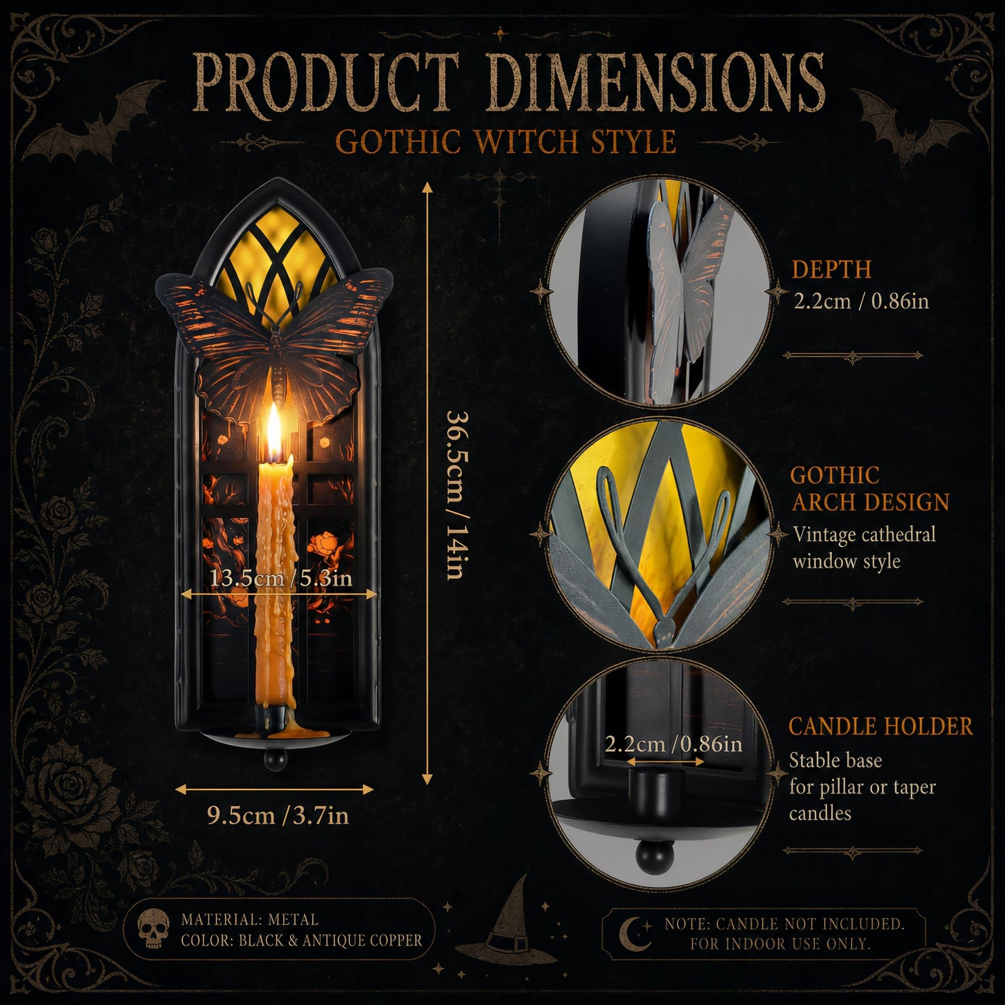 AimtoHome Gothic Moth Cathedral Window Wall Candle Sconces Set of 2