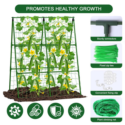 2-Pack A-Frame Cucumber Trellis for Raised Bed - 33"x47" Foldable Garden Trellis with Net & Clips|Space-Saving Metal Plant Support for Cucumber, Tomato, Peas|Rust-Proof Outdoor Climbing Plants Trellis