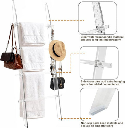 MESAILUP Blanket Ladder 5.6FT for Bathroom, 4 Tier Modern Decor Waterproof Blanket Holder for Living Room and Bedroom, Easy Assembly Clear Acrylic Ladder Shelf, Leaning Quilt Rack with Anti Slip Pads
