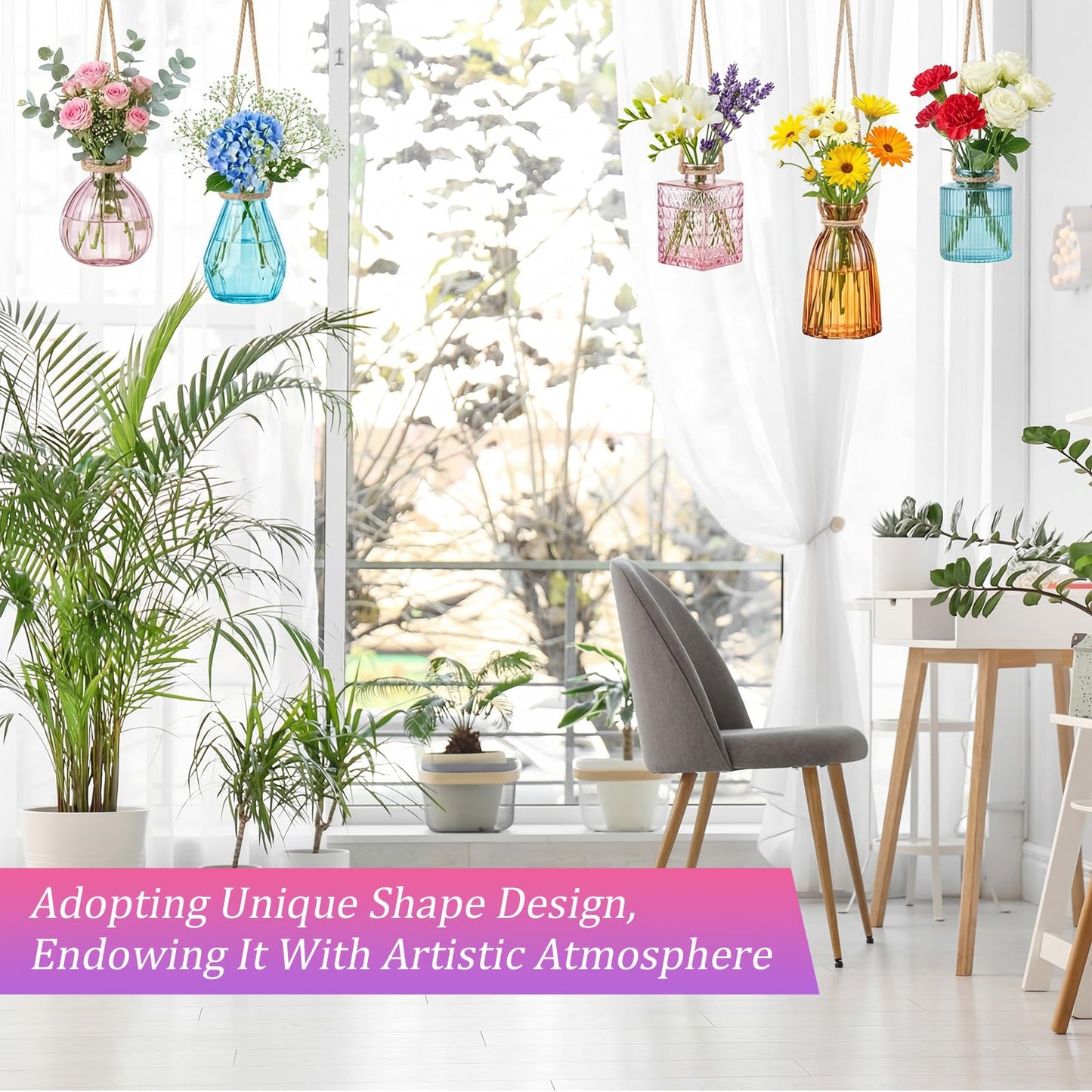 Wonderjune 8 Pcs Stained Glass Hanging Vases Hanging Glass Planters Small Plant Terrarium Pot Containers with Rope for Garden Home Indoor Outdoor Decor, 4 Styles (Classic)