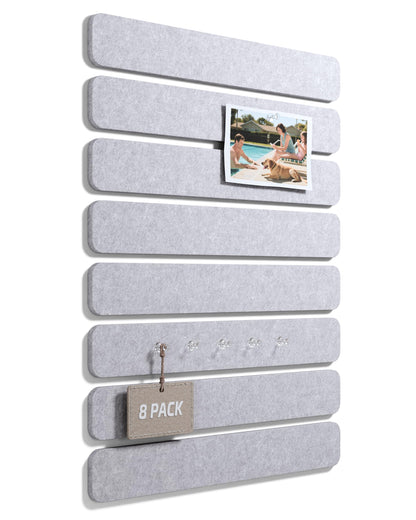 Fluxynara Cork Board Alternative Felt Strip Board 8-Pack 13"x2", Office Pin Board with 50 Push Pins, Adhesive Install for Bedroom Door & Home Office (Soft Gray)
