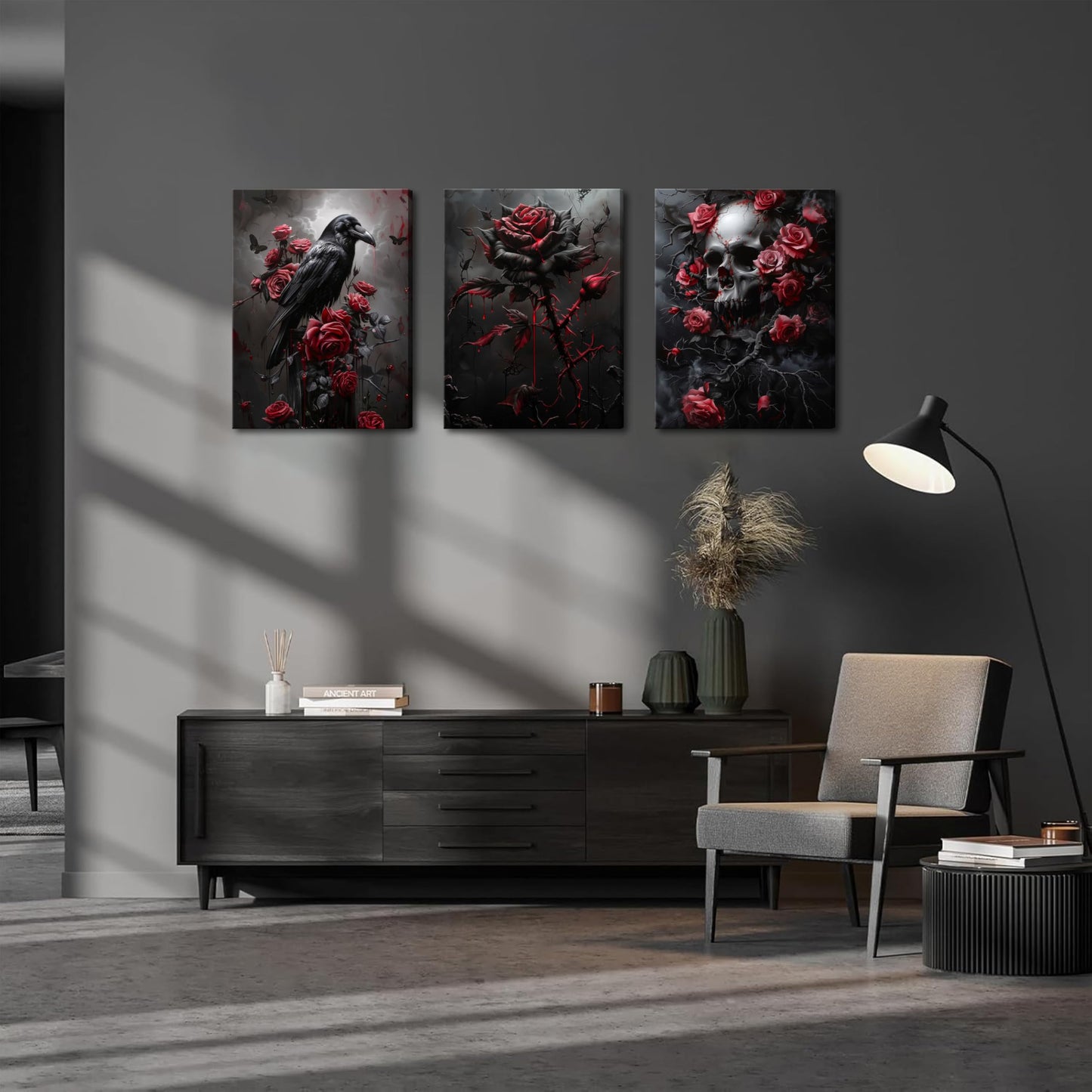 Gothic Canvas Wall Art Set of 3, Romantic Rose Halloween Wall Decor Paintings, Dark Goth Crow Skull Posters Prints for Bathroom Living Room Gallery Home Decor 12x16In Framed
