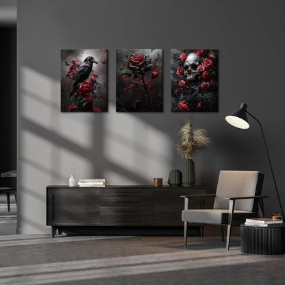 Gothic Canvas Wall Art Set of 3, Romantic Rose Halloween Wall Decor Paintings, Dark Goth Crow Skull Posters Prints for Bathroom Living Room Gallery Home Decor 12x16In Framed