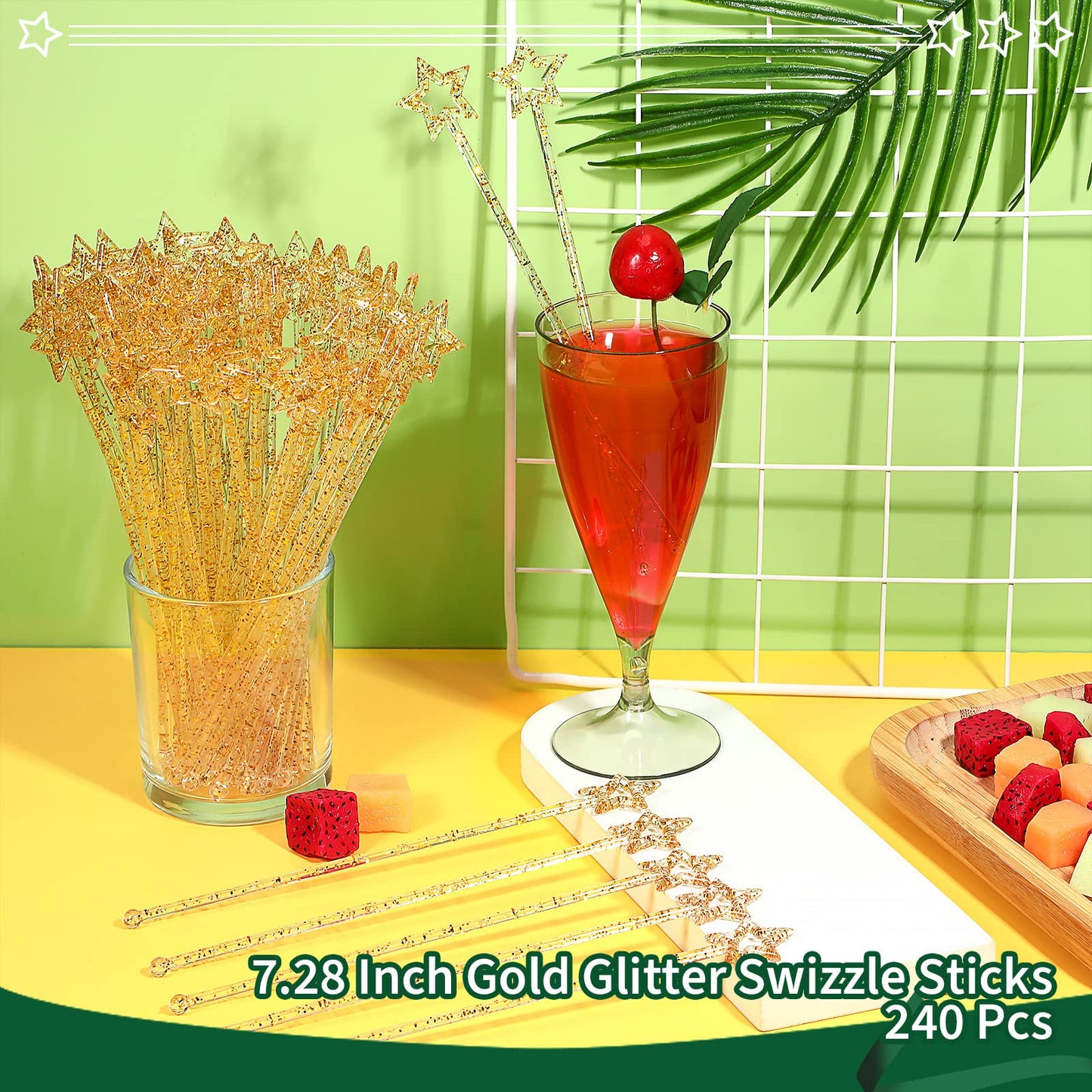 Zubebe 240 Pcs Cocktail Swizzle Sticks Plastic Drink Stirrers Glitter Star Top Stir Disposable Cocktail Coffee Drink Sticks Crystal Cake Pops, 7.28 Inch(Gold)