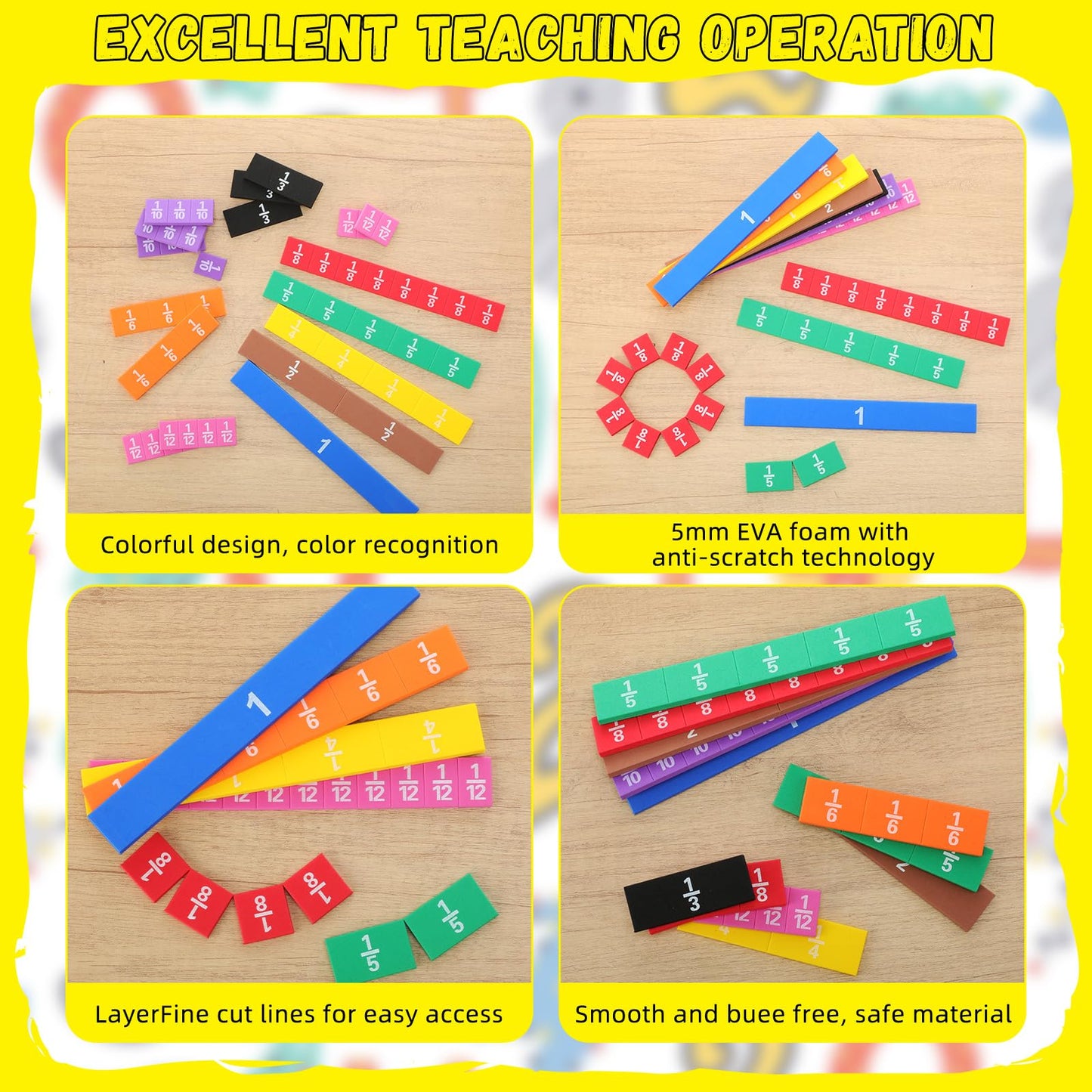 Sayglossy 36 Sets Fraction Tiles Set for Math Classroom Fractions Manipulatives Math Learning Manipulatives for Home School Supplies
