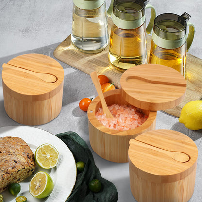 HTB Bamboo Salt Cellar with Mini Spoon, Kitchen Salt Box with Swivel Magnetic Closure Lid, Round Salt Container to Storage Pepper Spice Bath Salt Sea Salt