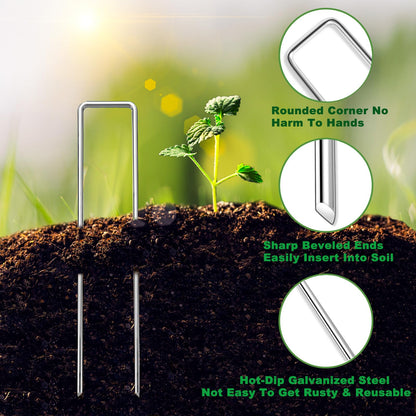 YACOO 6 Inch Landscape Staples Set, 11 Gauge Galvanized U-Shaped Garden Stakes (100 Pack) with Gaskets, Hook Tool & Rubber Mallet for Weed Fabric & Landscaping