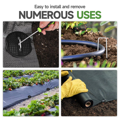 JELNER Garden Stakes,6 Inch 11 Gauge 50pcs Galvanized Landscape Staples + 50pcs Gaskets + 1Pick Hook,Tent Stakes Landscaping Fabric SOD Pins for Weed Fabric Barrier,Groud Cover,Fence