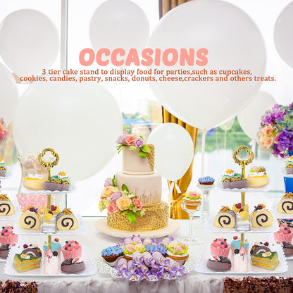 Gandeer 6 Sets of 3 Tier Tea Party Cupcake Stand, White Plastic Cupcake Dessert Plates Square Display Trays for Cake Fruit Candy Display Tower for Wedding Birthday Baby Shower Decorations