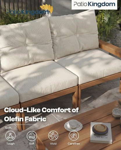 3 Piece HDPE Outdoor Patio Furniture Set, All-Weather 2 Armchairs with Side Table, Patio Conversation Set with Beige Washable Thick Cushion for Balcony/Porch/Backyard (Teak Frame)