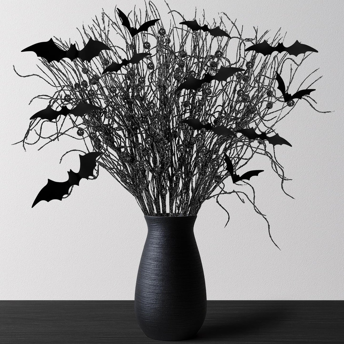 Yen Jean 21Pcs Halloween Decorations Black Artificial Branches Picks Decor Berry Stems Tree Glittery Curly with Bats for Flowers Arrangement Floral Bouquet Vase Party Supplies