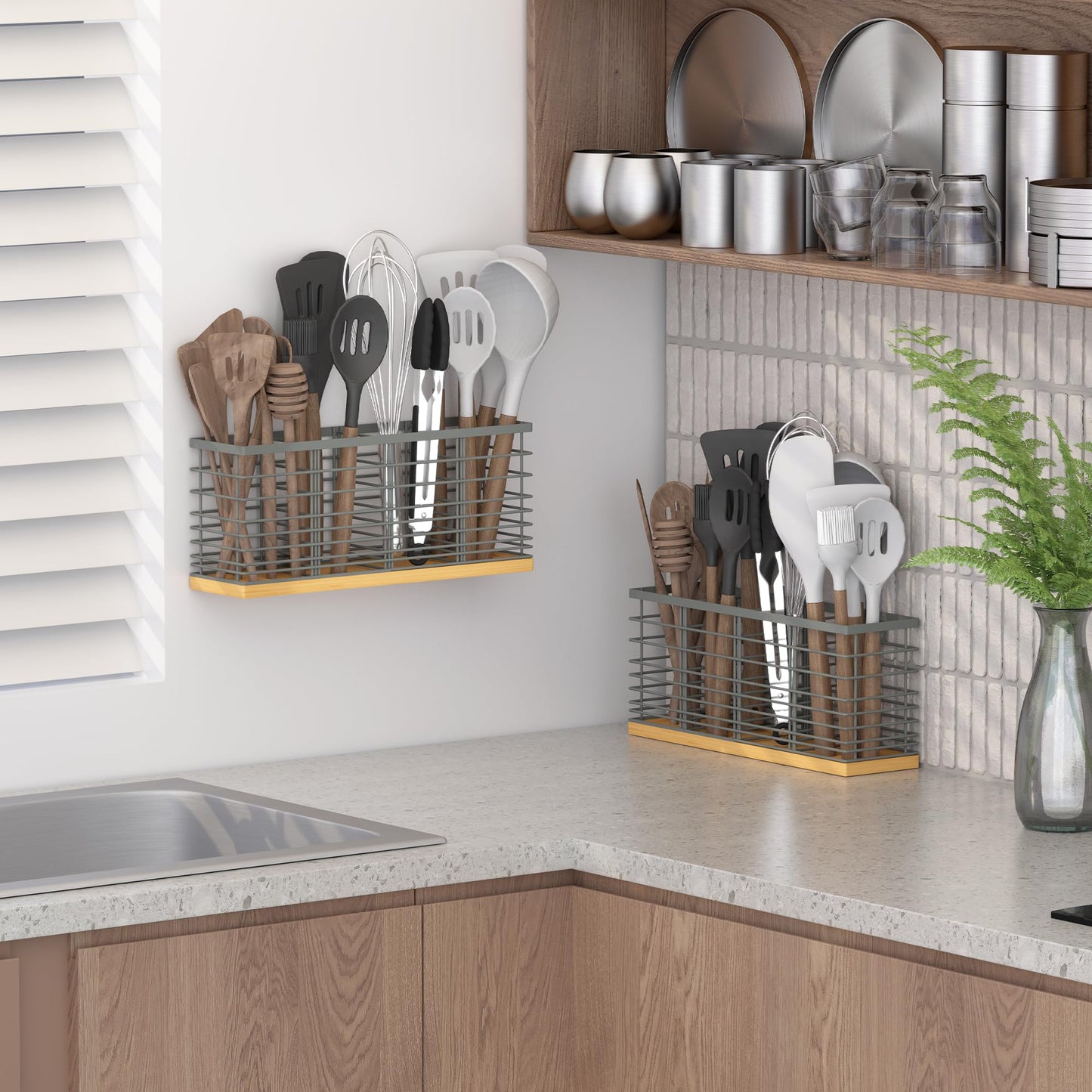 Suli Extra Large Kitchen Utensil Holder Countertop with 4 Compartments,Grey Metal holder with Wooden Base for Countertop,Farmhouse Utensil Organizer for counter,Rustic Cooking Utensil Organizer