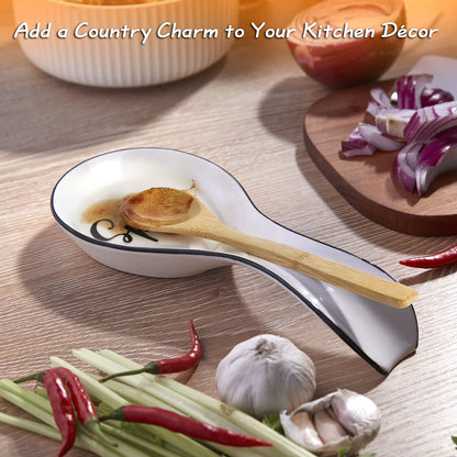 Ceramic Spoon Rest for Stove Top, DAYYET Large Spoon Holder, Farmhouse Spoon Rest for Kitchen Counter, White Bundle Farmhouse Salt and Pepper Bowls, 10 oz Ceramic Salt Cellar with Wooden Lid