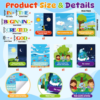 HoniedPepperino 7 Days of Creation Poster - 13.7x11in God Created The World Educational Paper Wall Art for Sunday School Decorations, Back to School Teacher Supplies & Bulletin Board for VBS
