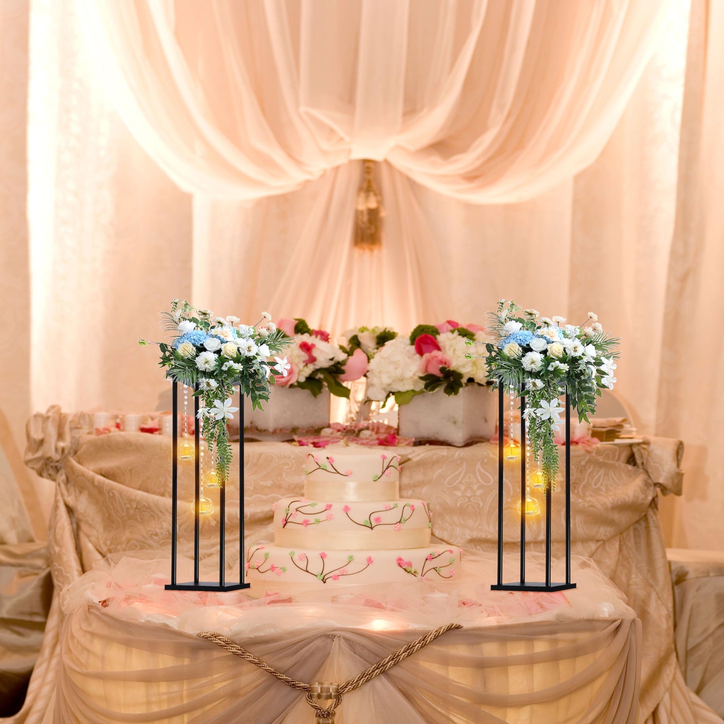 Rectangular Metal Wedding Flower Stand Vase with Hanging Glass Globe Terrarium Tealight Candle Holder, Multifunctional Geometric Column Frame Centerpiece (Black, 2 Pcs 25.2'')