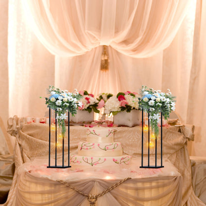 Rectangular Metal Wedding Flower Stand Vase with Hanging Glass Globe Terrarium Tealight Candle Holder, Multifunctional Geometric Column Frame Centerpiece (Black, 2 Pcs 25.2'')