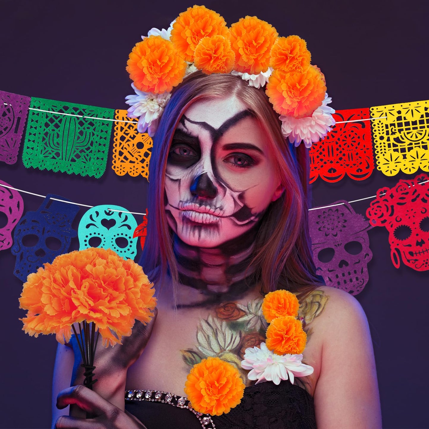 HOWAF Dia De Los Muertos Decorations Ofrenda Set, Day of The Dead Decor for Altar with Papel Picado Banner Marigold Flowers Garland for Ofrendas Alter Supplies, Mexican Halloween Diwali Party Supplies