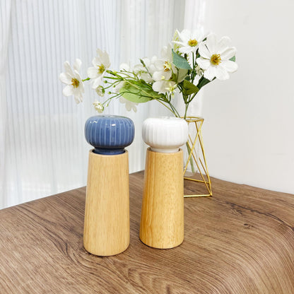 GCFTIFF Wooden Salt and Pepper Grinder Set,Wooden Spoon,Ceramic lid Pepper Mill with Adjustable Coarse Mills,Refillable for Sea Salt & Black Pepper (6.9 inch,2 pcs Indigo blue + white)