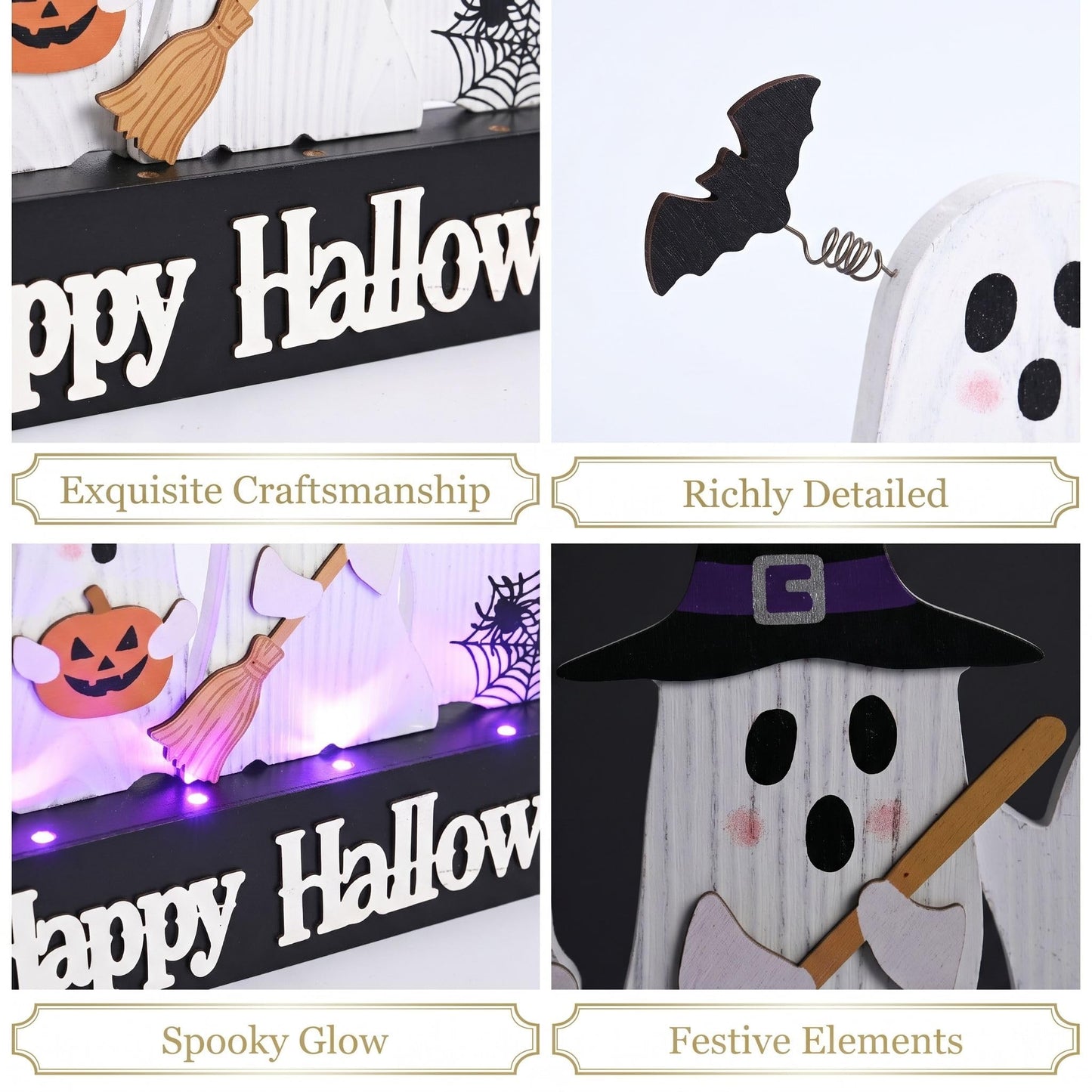 Valery Madelyn Halloween Decorations with Purple LED Lights, Lighted Halloween Ghost Decor, Tabletop Sign with Witch Hat Broom Bats Jack O Lantern for Home Party Indoor, 12 Inch