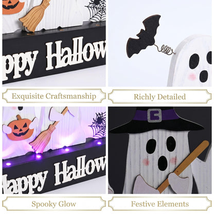 Valery Madelyn Halloween Decorations with Purple LED Lights, Lighted Halloween Ghost Decor, Tabletop Sign with Witch Hat Broom Bats Jack O Lantern for Home Party Indoor, 8 Inch