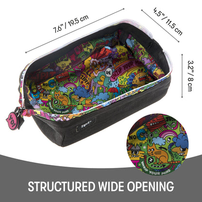 ZIPIT: Lenny Pencil Case - Black & Doodles - Large Storage Capacity Zipper Pouch, Makeup-Stationery Bag, School, Washable Polyester, Kids-Teens-Adults