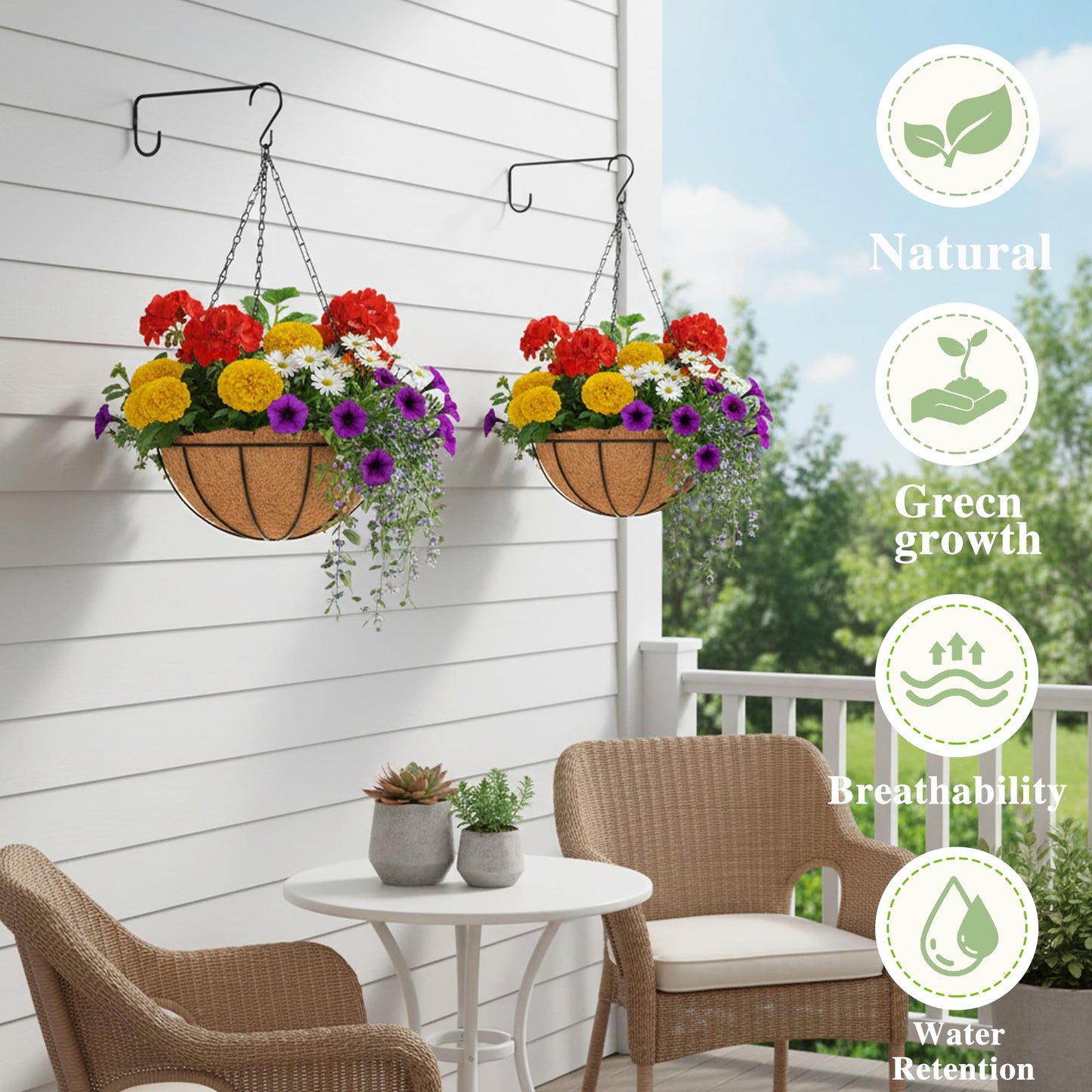 EIMQUVW Outdoor Metal Hanging Planters Basket (4pack, 8 inch) Hanging Baskets for Plants Chain Round Wire Plant Holder with Coco Fiber Liners for Garden, Patio, Deck, Porch