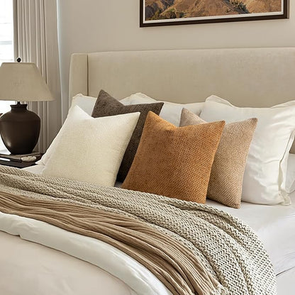 MIULEE Pack of 4 Brown Couch Throw Pillow Covers 24x24 Inch Soft Decorative Chenille Pillows Farmhouse Accent Cushions for Boho Home Decor Spring Sofa Bedroom Living Room