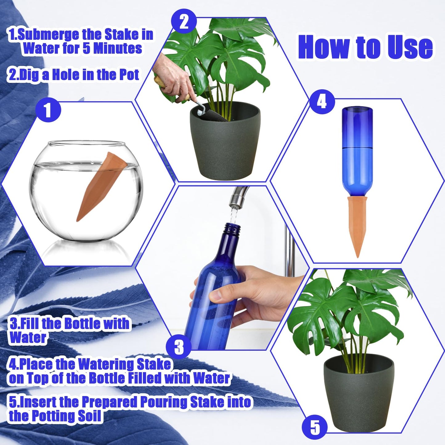 TINSKY 6 Sets Plant Watering Devices Terracotta Self Watering Spikes and 26 Oz Plastic Blue Bottles Slow Release Vacation Plant Waterer Automatic Planter Insert for Indoor Outdoor Plants