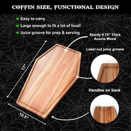 Large Coffin Charcuterie Board - Gothic Acacia Wood Coffin Shaped Cutting Board 17x10.5inch, Halloween Wooden Serving Tray, Goth Platter, Spooky Decor Gifts