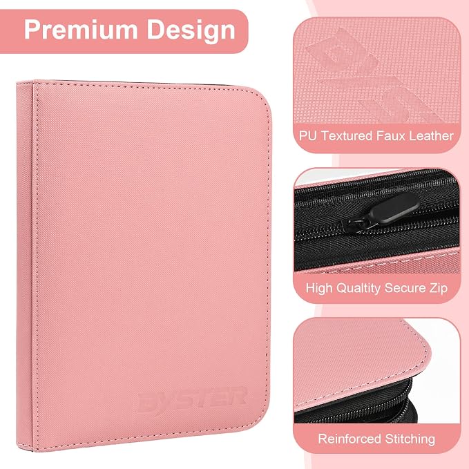 BYSTER 4 Pocket Card Binder, Premium PU Trading Card Binder with Zipper, 160 Capacity Side-Loading Binder for TCG, MTG, Sports Cards, Game Cards, Pink