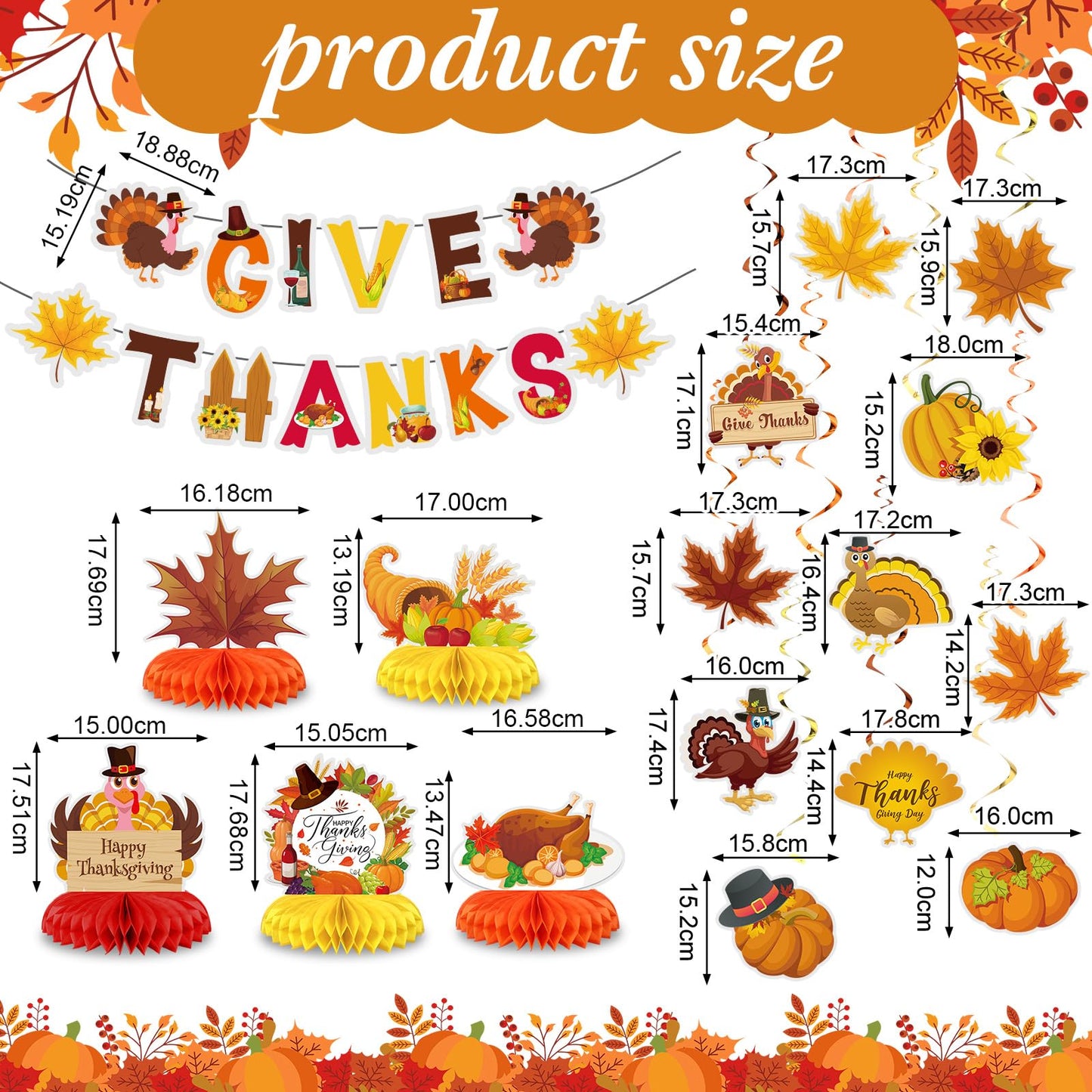 Blosssound 29 Pcs Thanksgiving Party Decorations - Turkey Pumpkin Maple Leaf Honeycomb Centerpieces, Give Thanks Hanging Swirls Banners for Fall Birthday Party Supplies