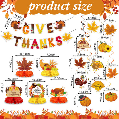 Blosssound 29 Pcs Thanksgiving Party Decorations - Turkey Pumpkin Maple Leaf Honeycomb Centerpieces, Give Thanks Hanging Swirls Banners for Fall Birthday Party Supplies