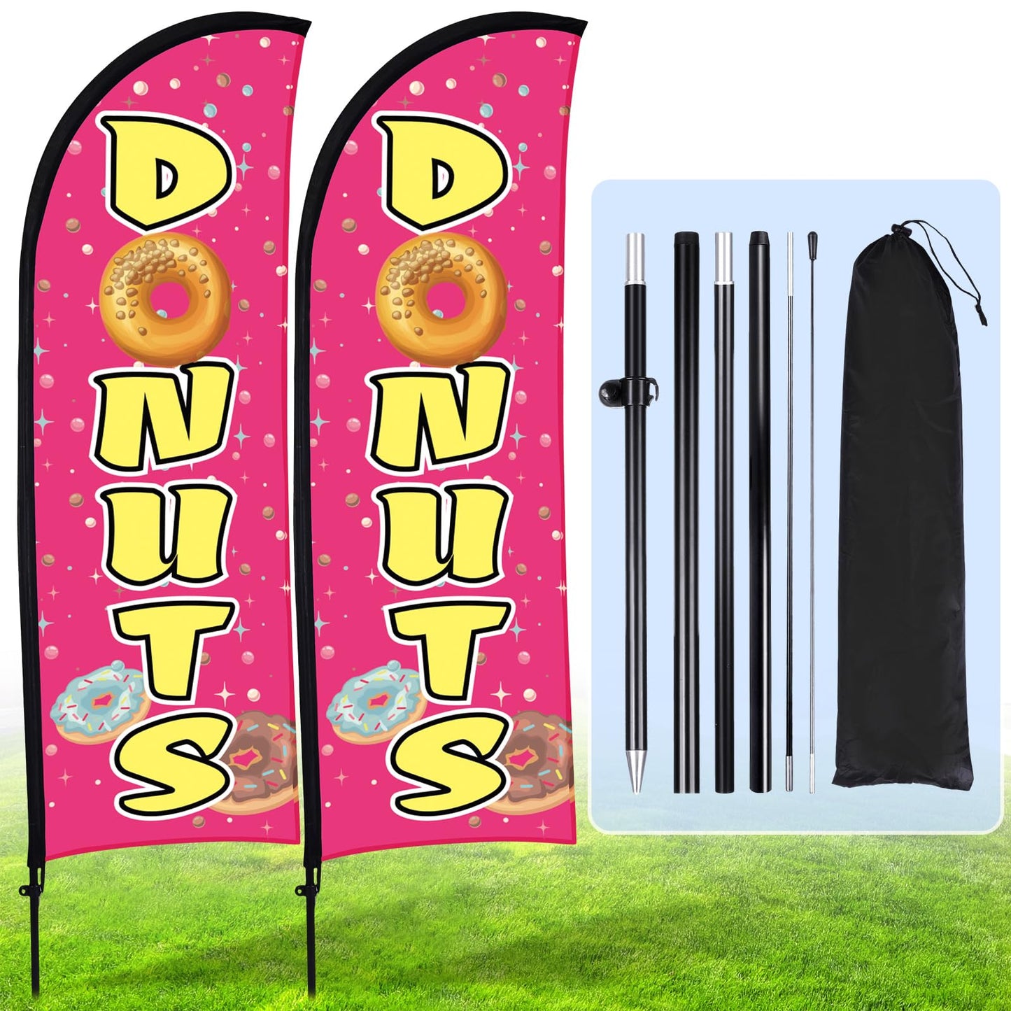Buryeah 2 Sets Donuts Feather Flag Pole Kit 7 ft Donuts Advertising Flag Sign Banner with Flagpole Ground Stake Portable Bag for Diner Restaurant Business Outdoor Advertising