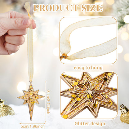 Soulchen 8 Pcs Summer Christmas Bethlehem Star Ornament 3.15 x 1.97 Inch Metal Glitter Star of Bethlehem Ornaments with Glitter Christmas Tree Topper Nativity Decor for Xmas Tree Party Decor(Gold)