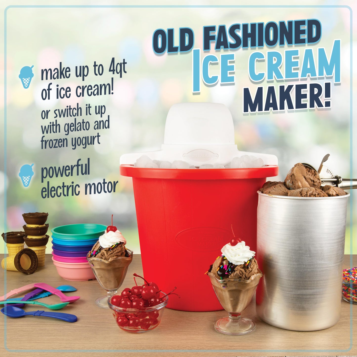 Nostalgia Electric Ice Cream Maker - Old Fashioned Soft Serve Ice Cream Machine Makes Frozen Yogurt or Gelato in Minutes - Fun Kitchen Appliance - Vintage Wooden Style - Light Wood - 4 Quart