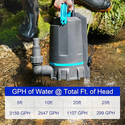 Aquastrong Automatic Sump Pump, 1/2 HP Submersible Water Pump, 3159 GPH Utility Pump High Flow Water Removal for Swimming Pool, Garden Pond, Basement, Window Wells with 10ft Long Power Cord