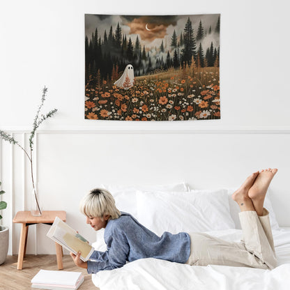 NATSUNO Halloween Tapestry, Halloween Spooky Ghost Wall Tapestry for Bedroom, Whimsical Enchanted Forest Flower Ghost Tapestries Wall Hanging for Home Living Room Decor, 50x60 Inches