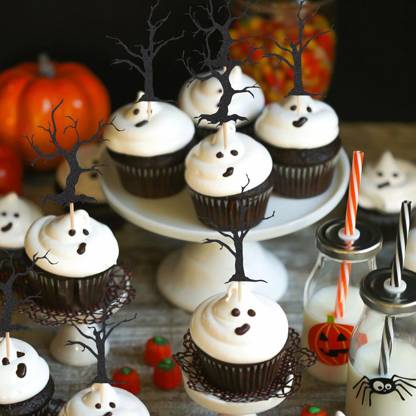Haunted Forest Halloween Cupcake Topper - Haunted House Theme Baby Shower Party Decoration, Black Glitter Spooky Tree Cupcake Decoration, Halloween Birthday Party Supplies, Cake Smash Photo Props
