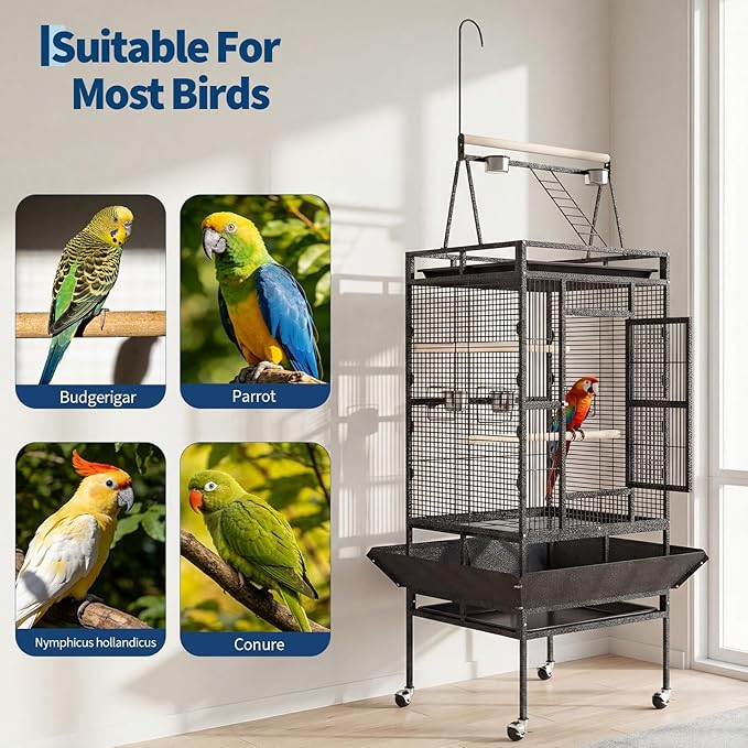 Extra Large 82" Parrot Cage with Play Top – Heavy Duty Wrought Iron Aviary, Rolling Stand, Secure Lock, Easy-Clean Removable Tray, Rope Perch – Spacious Bird Enclosure for Large Birds