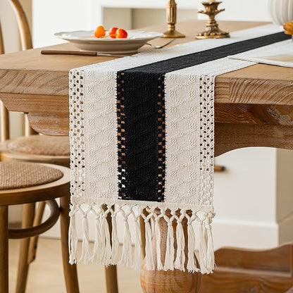 FEXIA Boho Table Runner for Summer Home Decor with Tassels 36 Inches Long Farmhouse Rustic Black Gothic Table Runner Macrame Gothic Burlap Table Decoration for Kitchen Living Room (12x36 Inches)