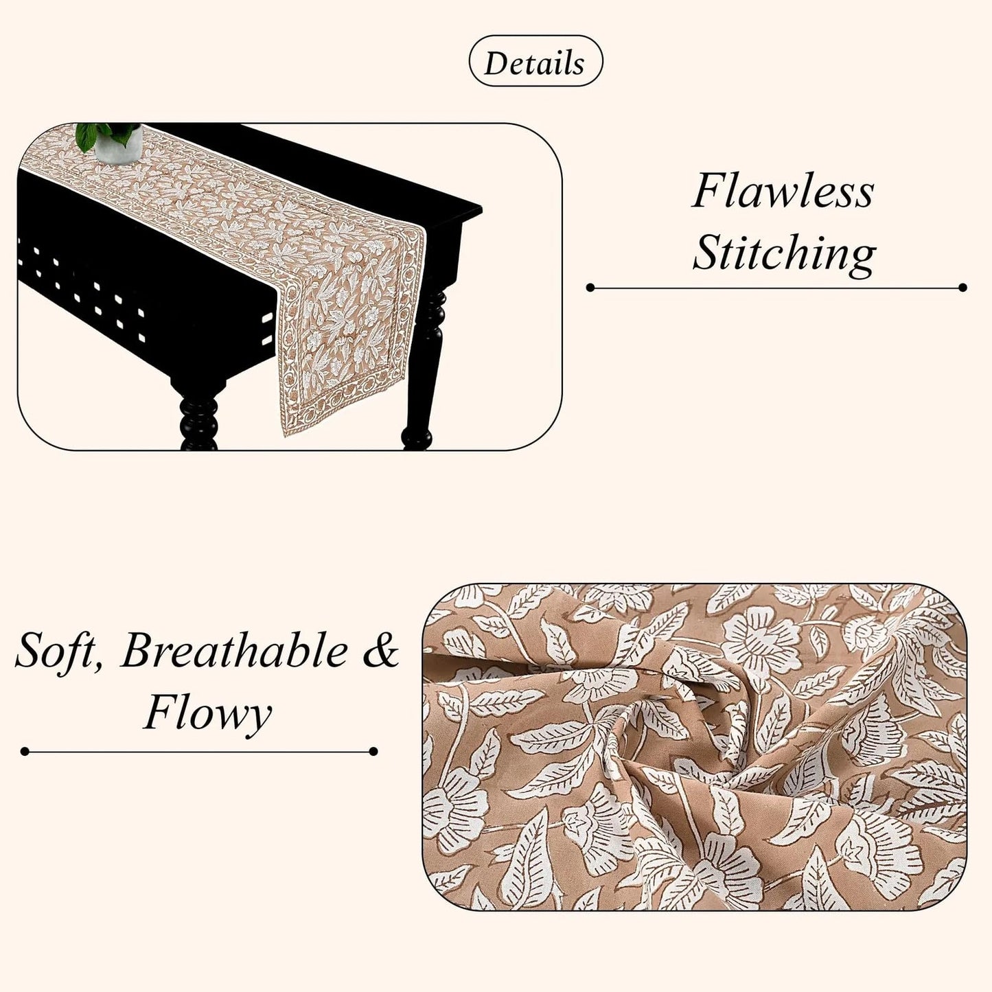 Ridhi Oak Brown Hand Block Print 100% Cotton Reusable Table Runner 16" X 106" Inches Table Runner Decorative Everyday Use for Dining, Home, Party, Wedding, Halloween, Christmas, Thanksgiving