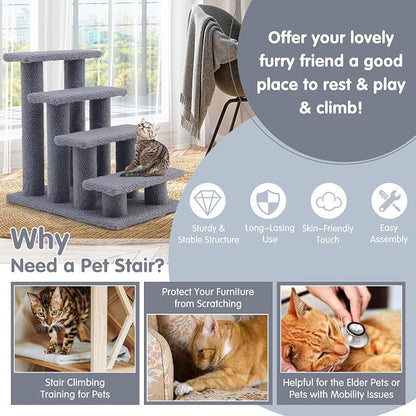 Tangkula Pet Stairs for Cats and Dogs, 4-Step Carpeted Ladder Ramp Cat Climber Cat Scratching Post, Multi-Step Dog Stairs for High Beds, Couch (Grey)