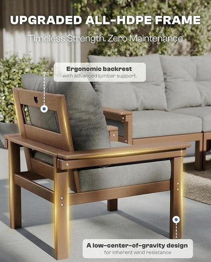 Teak HDPE Outdoor Patio Furniture Set, 10-Piece Patio Conversation Sets with Coffee Table & Washable Thick Cushions, Outdoor Sofa for Garden, Balcony, Porch, Yard, Lawn, Poolside